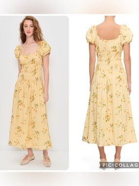 Nwt Reformation Riva Shirred Midi Dress in Mercy Yellow Floral Size Small